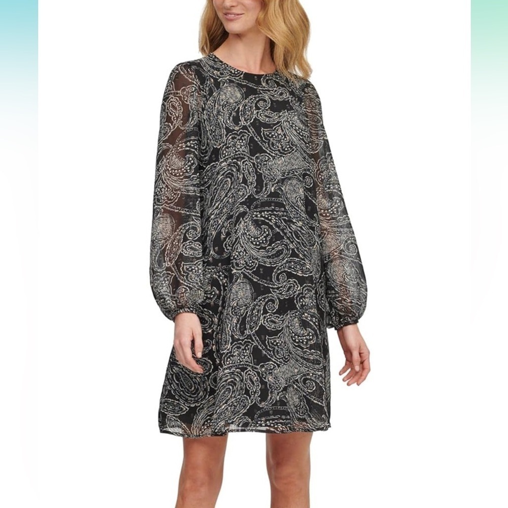 ✅ Calvin Klein black white chiffon long sleeve polyester paisley print dress 12